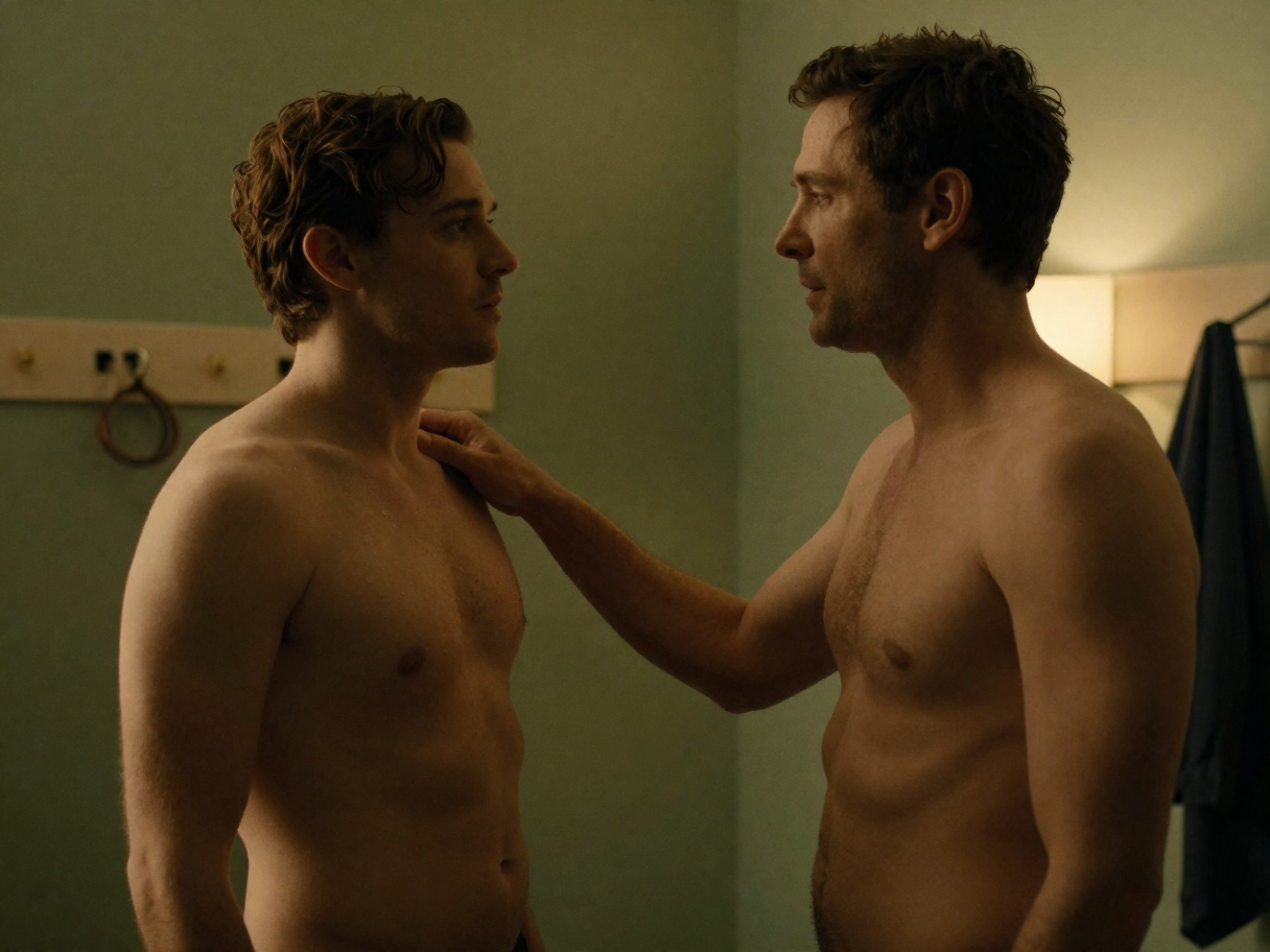 two fictional consenting adults, both age 30, intimate sensual composition with tasteful nudity, cinematic dressing room,